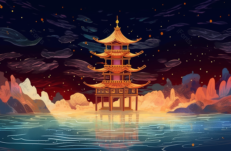 中国风山水凉亭亭台楼阁夜空下宁静的湖面泛起一丝丝的涟漪插画,插画/手绘图,插画/手绘图库,插画/手绘图下载,插画/手绘